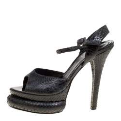Pre Owned Fendi Black Python Leather Bubble Platform Ankle Strap Sandals Size 36