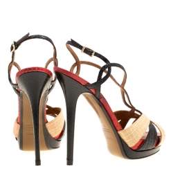 Fendi Tri Color Raffia and Snakeskin Strappy Slingback Platform Sandals Size 39