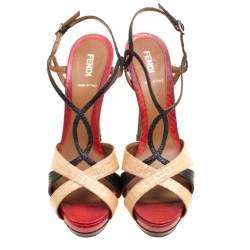 Fendi Tri Color Raffia and Snakeskin Strappy Slingback Platform Sandals Size 39