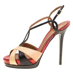 Fendi Tri Color Raffia and Snakeskin Strappy Slingback Platform Sandals Size 39