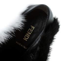 Pre Owned Fendi Monochrome Leather and Fur Trimmed V Neck Ankle Boots Size 38