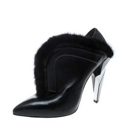 Pre Owned Fendi Monochrome Leather and Fur Trimmed V Neck Ankle Boots Size 38