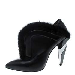 Pre Owned Fendi Monochrome Leather and Fur Trimmed V Neck Ankle Boots Size 38
