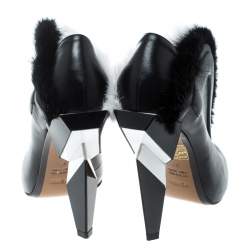 Pre Owned Fendi Monochrome Leather and Fur Trimmed V Neck Ankle Boots Size 38