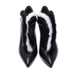 Pre Owned Fendi Monochrome Leather and Fur Trimmed V Neck Ankle Boots Size 38