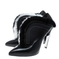 Pre Owned Fendi Monochrome Leather and Fur Trimmed V Neck Ankle Boots Size 38