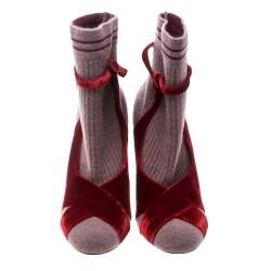 Pre Owned Fendi Red/Purple Velvet and Knitted Fabric Socks Ankle Booties Size 39