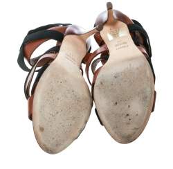 Pre Owned Fendi Brown Leather And Black Elastic Strappy Sandals Size 40