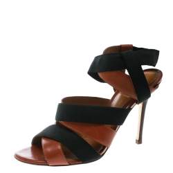 Pre Owned Fendi Brown Leather And Black Elastic Strappy Sandals Size 40