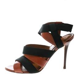 Pre Owned Fendi Brown Leather And Black Elastic Strappy Sandals Size 40
