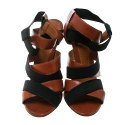 Pre Owned Fendi Brown Leather And Black Elastic Strappy Sandals Size 40