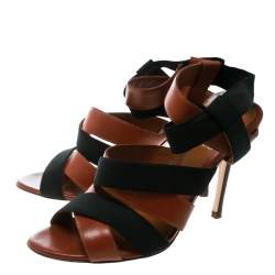 Pre Owned Fendi Brown Leather And Black Elastic Strappy Sandals Size 40