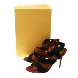 Pre Owned Fendi Brown Leather And Black Elastic Strappy Sandals Size 40