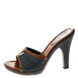 Fendi Blue Denim and Leather Slides Size 38