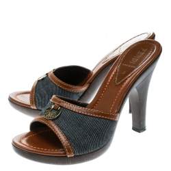 Fendi Blue Denim and Leather Slides Size 38