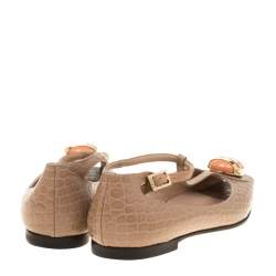 Pre Owned Fendi Beige Croc Embossed Leather Embellished T-Strap Flats Size 36