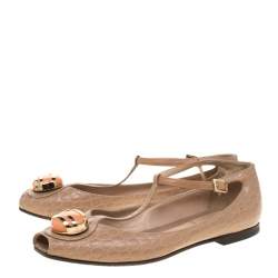 Pre Owned Fendi Beige Croc Embossed Leather Embellished T-Strap Flats Size 36