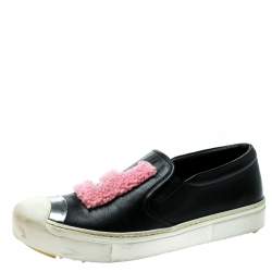 Pre Owned Fendi Black Leather Fflynn Shearling Fur Slip On Sneakers Size 40