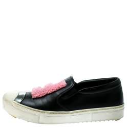 Pre Owned Fendi Black Leather Fflynn Shearling Fur Slip On Sneakers Size 40