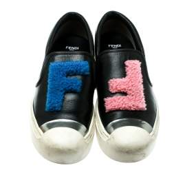 Pre Owned Fendi Black Leather Fflynn Shearling Fur Slip On Sneakers Size 40