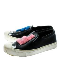 Pre Owned Fendi Black Leather Fflynn Shearling Fur Slip On Sneakers Size 40
