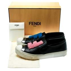 Pre Owned Fendi Black Leather Fflynn Shearling Fur Slip On Sneakers Size 40