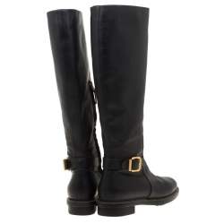 Pre Owned Fendi Black Leather Buckle Detail Knee Length Boots Size 37