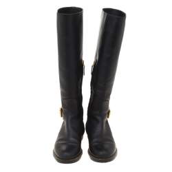 Pre Owned Fendi Black Leather Buckle Detail Knee Length Boots Size 37