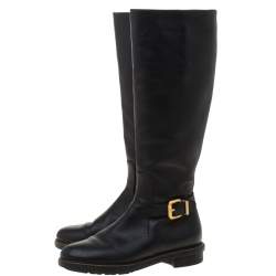 Pre Owned Fendi Black Leather Buckle Detail Knee Length Boots Size 37