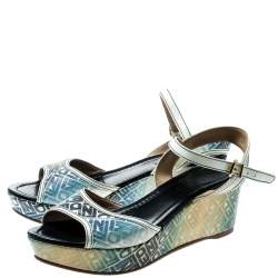مملوكة مسبقًا Fendi Multicolor Printed Canvas And Leather Trim Platform Wedge Sandals Size 41