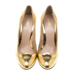 Pre Owned Fendi Metallic Gold Leather Wing Tip Pumps Size 41