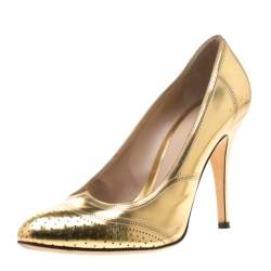 Pre Owned Fendi Metallic Gold Leather Wing Tip Pumps Size 41