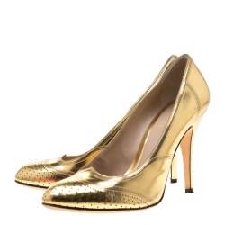 Pre Owned Fendi Metallic Gold Leather Wing Tip Pumps Size 41