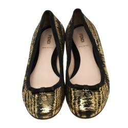 Pre Owned Fendi Metallic Black Textured Suede Bow Ballet Flats Size 38