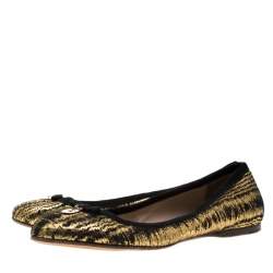 Pre Owned Fendi Metallic Black Textured Suede Bow Ballet Flats Size 38