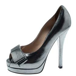 Pre Owned Fendi Grey Shimmering Suede Deco Bow Peep Toe Platform Pumps Size 36