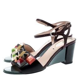 Pre Owned Fendi Multicolor Lizard Embossed And Leather Fantasia Studded Ankle Strap Sandals Size 35