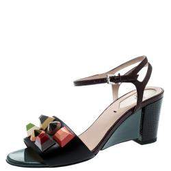 Pre Owned Fendi Multicolor Lizard Embossed And Leather Fantasia Studded Ankle Strap Sandals Size 35