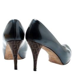 Pre Owned Fendi Blue Patent Leather Logo Heel Platform Pumps Size 36