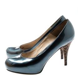 Pre Owned Fendi Blue Patent Leather Logo Heel Platform Pumps Size 36