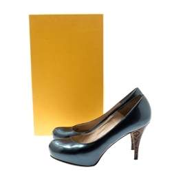 Pre Owned Fendi Blue Patent Leather Logo Heel Platform Pumps Size 36
