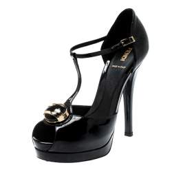 Pre Owned Fendi Black Patent Leather Peep Toe T-Strap Platform Sandals Size 38.5