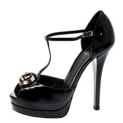 Pre Owned Fendi Black Patent Leather Peep Toe T-Strap Platform Sandals Size 38.5