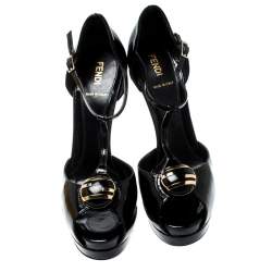 Pre Owned Fendi Black Patent Leather Peep Toe T-Strap Platform Sandals Size 38.5