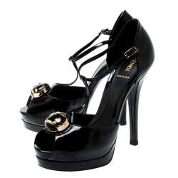 Pre Owned Fendi Black Patent Leather Peep Toe T-Strap Platform Sandals Size 38.5