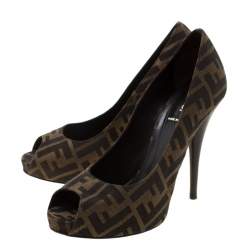 Pre Owned Fendi Tobacco Zucca Canvas Peep Toe Pumps Size 40.5