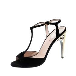 Pre Owned Fendi Black Suede Encaged T-Strap Metal Heel Sandals Size 38