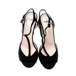 Pre Owned Fendi Black Suede Encaged T-Strap Metal Heel Sandals Size 38