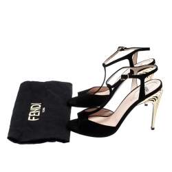 Pre Owned Fendi Black Suede Encaged T-Strap Metal Heel Sandals Size 38