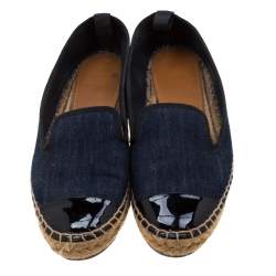 Pre Owned Fendi Indigo Dark Wash Denim Junia Patent Leather Cap Toe Espadrilles Size 37.5